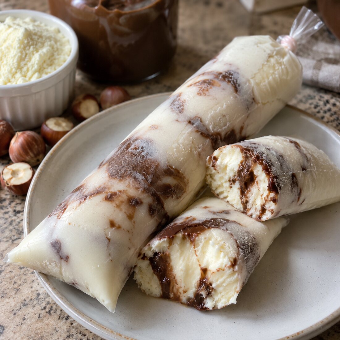 Geladinho de leite em pó com creme de avelã